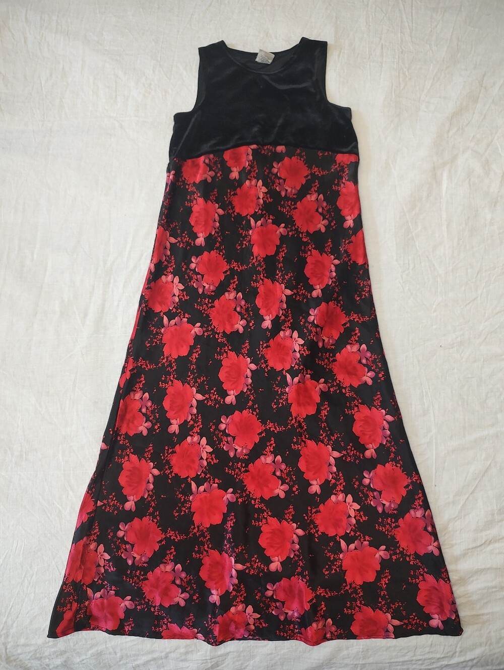 Black Maxi Dress with Red Floral Print - Sleeveless